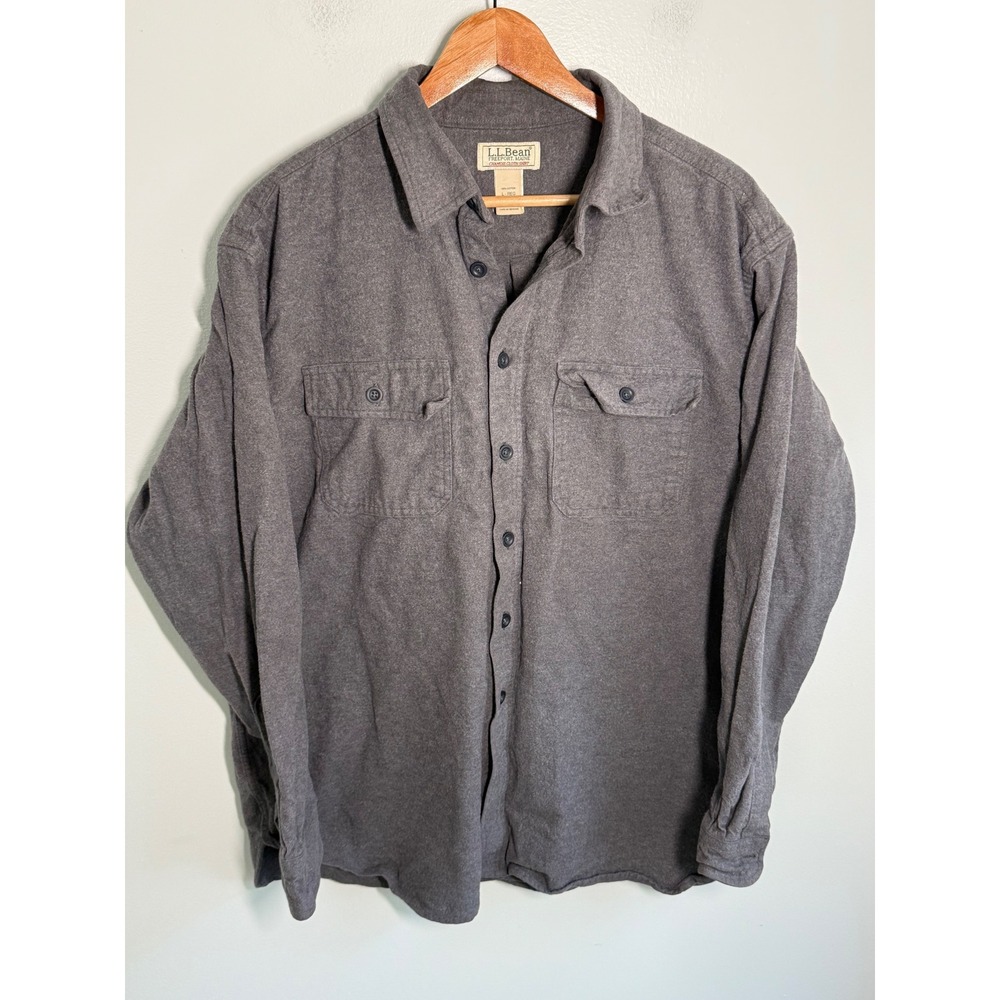 LL Bean Mens Chamois Cloth Shirt Gray Cotton Flannel Button Down L-REG 187923